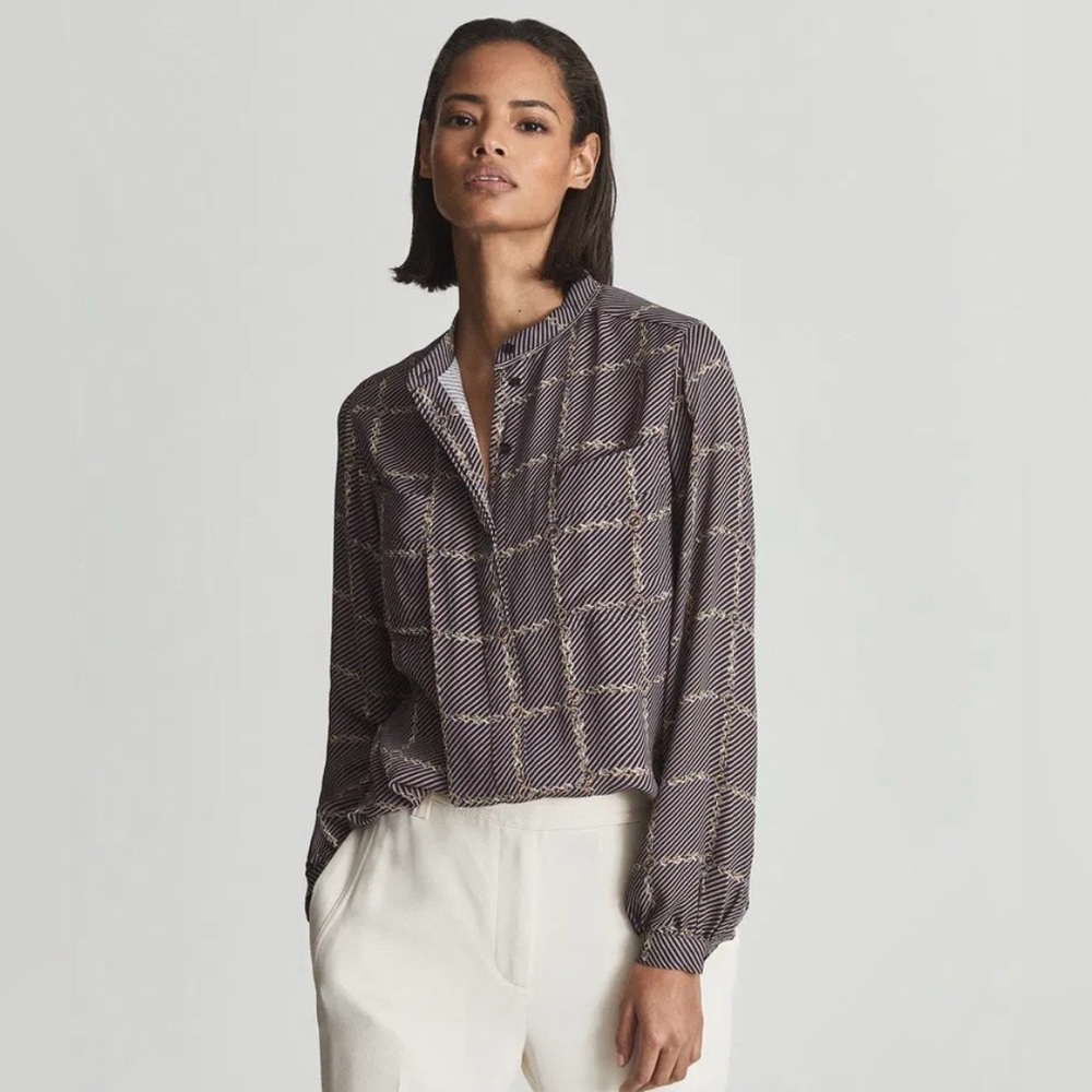 REISS Nyla Chain Link Print Button Down Top Blouse Striped Long Sleeve Size 4 - Picture 2 of 16